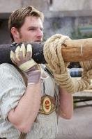 A volunteer participating in the transfering of the May Tree in Putzbrunn, South Bavaria.