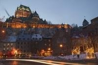 Looking up to the Fairmont Hotel Frontenac which overlooks the old town of Quebec City in the french canadian province of Quebec.