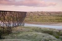The high level railway bridge leads into the city of Lethbridge, Alberta, Canada.