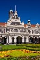 Immaculate gardens in the front of the Dunedin Railway Station in Otago on the South Island of New Zealand.