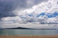 A beautiful view of Rangitoto Island from the shores of Mission Bay on the North Island of New Zealand.