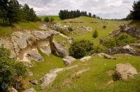 Interesting rock formations in a small valley on farmland in the Waitaki Valley on the South Island of New Zealand.