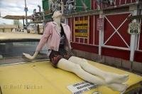 A mannequin on display on the trunk of an old chevy along historic Route 66 in Seligman, Arizona, USA.