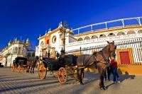 The sightseeing horse and buggy tours sit outside the Plaza de Toros de la Maestranza in the City of Sevilla in Andalusia, Spain waiting for passengers.