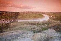 The high level rail line bridge leads straight into the heart of Lethbridge in Alberta, Canada.