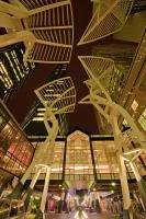 Along Stephen Avenue Mall, the Steel Trees sculpture looms against a night sky in the City of Calgary, Alberta, Canada.