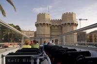 The Torres de Serranos viewed from the local Tourist Bus in the city of Valencia in Valencia, Spain in Europe.