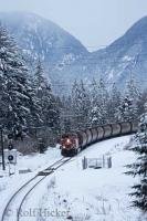 A freight train eases along the tracks during snow fall along side the Fraser River in British Columbia, Canada.