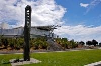 A unique carving known as Tukotahi displayed on the grounds of Puke Ariki outside the Information Centre and Museum in New Plymouth, New Zealand.