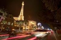 The Eiffel Tower of the Paris Hotel in Las Vegas lights up The Strip in Las Vegas, Nevada.