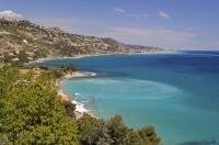 The waters of the Mediterranean Sea lap the shores of Ventimiglia in Liguria, Italy.