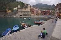 The town of Vernazza in Liguria, Italy sits in a picturesque harbour on the Riviera di Levante.