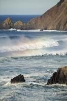 A Pacific Ocean wave engulfs rock reefs and outcrops seen from Chapman Point at the Ecola State Park in Oregon, USA.