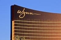 Like a wafer, the Wynn Casino and Hotel in Las Vegas, aka Sin City or LV, stands illuminated along the famous Strip.