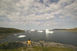 photo of Hiker looking at icebergs pictures of icebergs