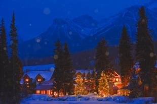 photo of Winter Snow Fall Night Scene Lake Louise Alberta