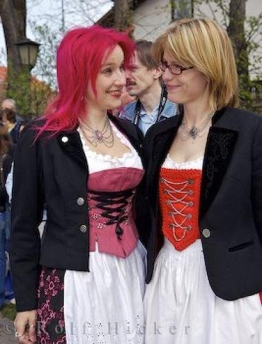Photo of two Bavarian ladies dressed in dirndls at<br / >the Maibaumfest in Putzbrunn, Germany. Photo: 
Bavarian Ladies