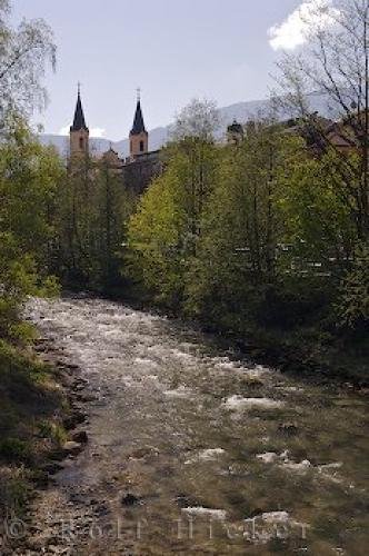 Photo: 
Church Spires Riverbanks Bruneck Town Italy