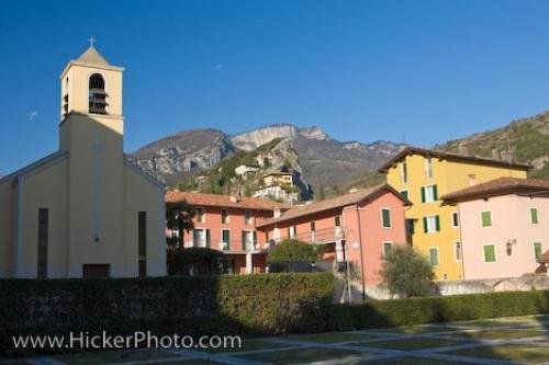 Photo of the colorful buildings and church in the Italian resort town of Torbole in the Province of Trento, Italy. Photo: 
Italian Resort Town Church Colorful Buildings