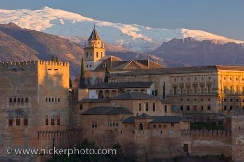 Photo of The Red Castle, La Alhambra in Granada, with snow capped mountains in Andalusia in Spain, Europe. Photo: 
Red Castle La Alhambra City Of Granada Andalusia Spain