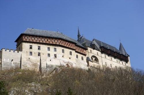 Photo of the historic Karlstein Castle towering above the village of Karlstein in the Czech Republic in Europe. Photo: 
Towering Karlstein Castle Czech Republic Europe