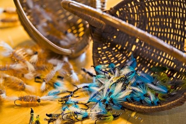 Photo of an assortment of fly fishing flies laid out on the table at the Rifflin'Hitch Lodge in Southern Labrador, Canada. Photo: 
Fly Fishing Flies Picture